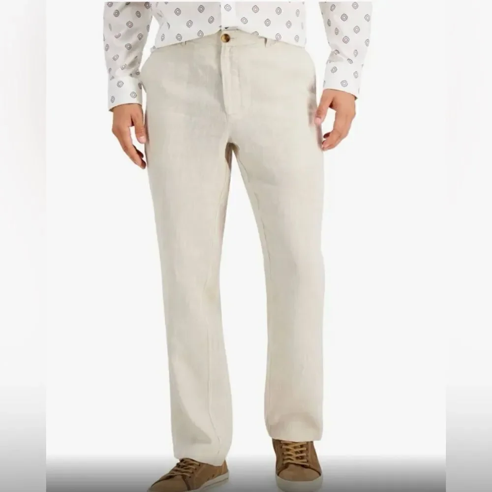 Lombard Slim Fit European Linen Pants With Pockets In Beige Size 36